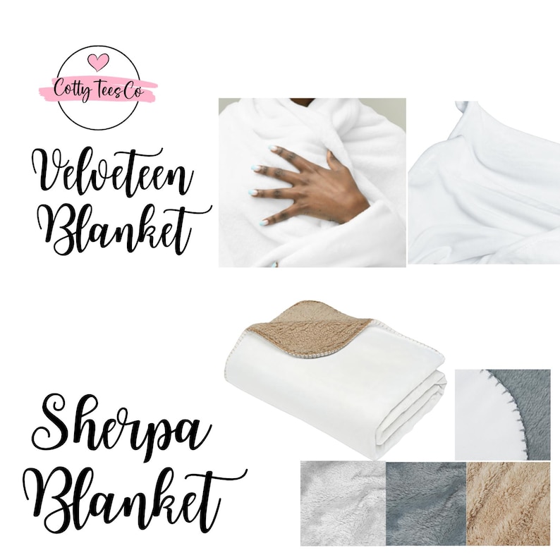 Puede incluir: Se muestra una manta de terciopelo blanca y una manta Sherpa blanca. La manta Sherpa tiene un lado blanco y un lado afelpado de color beige. La imagen tambi&eacute;n muestra primeros planos de las texturas de la manta y el texto "Velveteen Blanket" y "Sherpa Blanket".