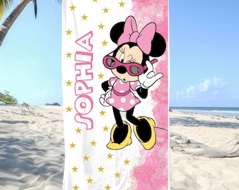 Customized Name Minnie Mouse Beach Towel, Disney Minnie Bath Towel, Pool Towel, Disneyland Gift For Kid, Kids Beach Towel, Summer Vacation