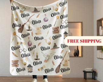 Manta de mago personalizada, manta de escuela de magia personalizada, regalo de guardería de franela Minky