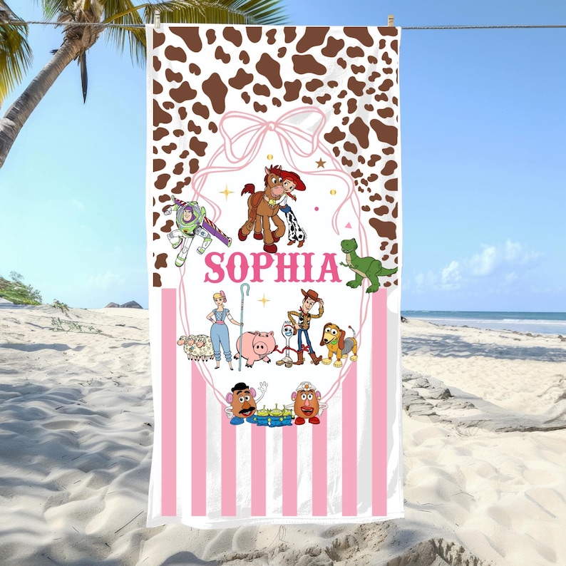 Custom Woody Buzz Lightyear Towels, Personalized Name Toy Story Beach Towel, Aliens Cartoon Family Trip Towels, Jessie Pool Towel bild 1