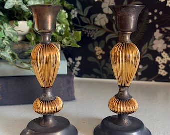 Vintage Gold Ribbed Candlesticks Pair Mid Century Brass Candle Holders Hollywood Regency Black Gold Decor