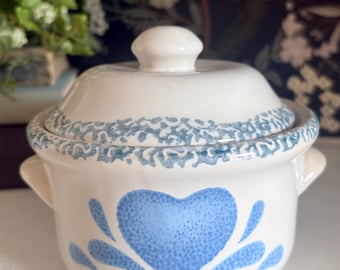 Vintage Blue Heart Stoneware Covered Dish Small Casserole Pot Folk Country Kitchen Decor Lidded Bowl
