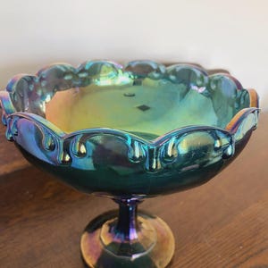 Vintage Blue Carnival Glass Pedestal Bowl Iridescent Peacock Draped Edge Compote 8.5 Inch