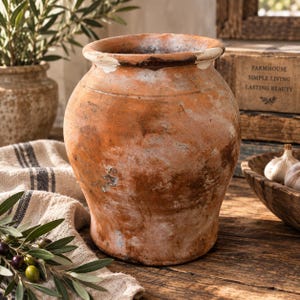 May include: A rustic terracotta pot with a weathered, mottled orange-brown finish and a wide, rounded rim. The surface shows signs of age with patches of white discoloration and a textured, uneven appearance throughout the exterior body.