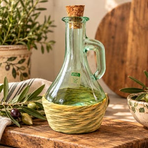 May include: A clear, light green glass cruet bottle with a handle and a cork stopper. The base of the bottle is wrapped in a woven straw material. A small green sticker on the front of the glass bottle features the text Made in Italy.