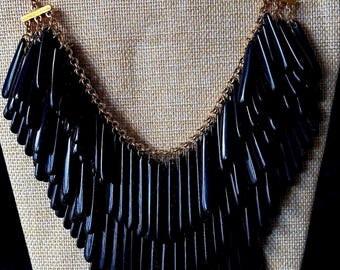 Vintage Joan Rivers Black Fringe Necklace Gold Tone, Bib Statement Necklace, Black Gold Jewelry