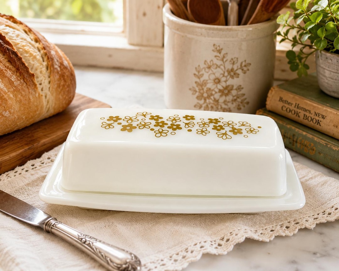 Vintage Pyrex Spring Blossom Butter Dish Crazy Daisy Green Floral Milk Glass 1970s Kitchen Decor