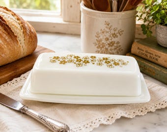 Vintage Pyrex Spring Blossom Butter Dish Crazy Daisy Green Floral Milk Glass 1970s Kitchen Decor
