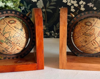 Vintage Globe Bookends Rotating World Map Wood Bookends Study Office Library Decor Pair