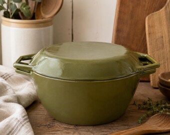 Vintage Copco Denmark D2 Olive Green Enameled Cast Iron Dutch Oven MCM Cookware