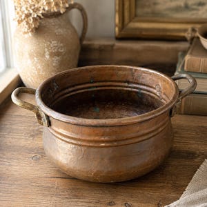 Antique Copper Jam Pot Brass Handles Dovetail Seam Primitive Farmhouse Vessel