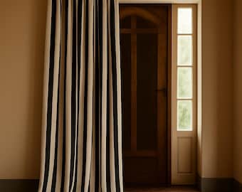 Gestreifte Verdunkelungsvorhänge aus Bio-Baumwolle - 5 cm Schwarz Beige Streifen - Stangentasche