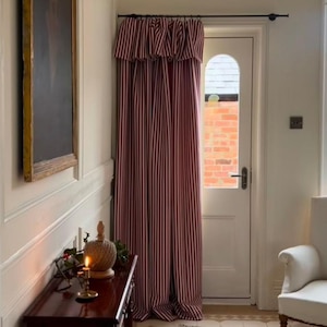 Cortina de lino a rayas burdeos con borde superior ondulado – Cortina opaca de algodón y lino para puertas y ventanas