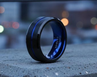 6mm / 8mm / 10mm Black  Blue Tungsten Wedding Band — Men’s & Women’s Blue Line Ring