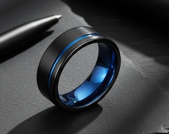 Black Tungsten Wedding Band • Blue Line, Comfort Fit, 8mm