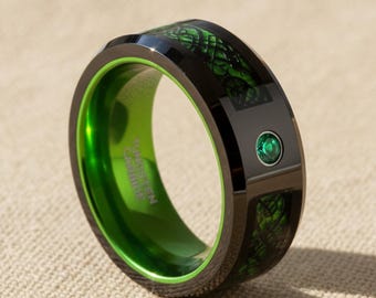 8mm Black & Green Tungsten Eternity Ring with Green Gemstone — Men’s Wedding Band