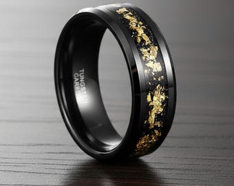 8mm Black Tungsten Wedding Band with Gold Foil Inlay — Men’s Engagement & Gift Ring