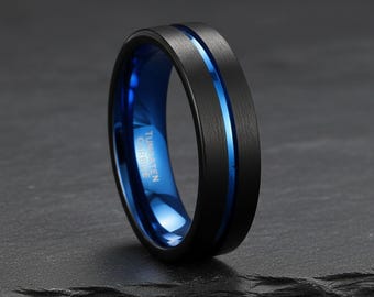 Matte Black Blue Groove Tungsten Ring, 6mm Comfort Fit Wedding Band