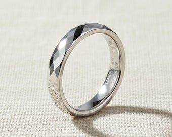 4mm Faceted Silver Tungsten Ring, Women’s Wedding Band, Polished Comfort Fit