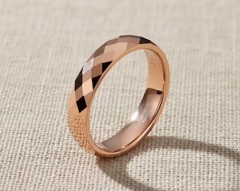 Bague en tungstène en or rose à facettes de 4 mm, alliance pour femme, coupe confortable