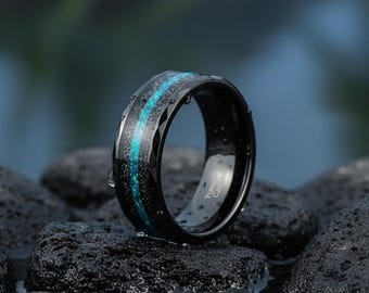 8mm Black Tungsten Wedding Band — Faceted Edge + Black Sand & Green-Blue Opal Inlay