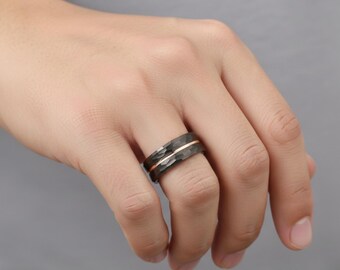 Hammered Black and Rose Gold Tungsten Wedding Band 8mm Grooved