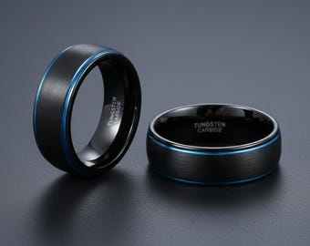 Brushed Black Tungsten Wedding Band – Blue Line Comfort Fit Ring