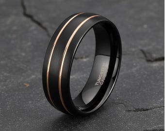 Black Tungsten Ring • 8mm Brushed Dome, Gold Groove
