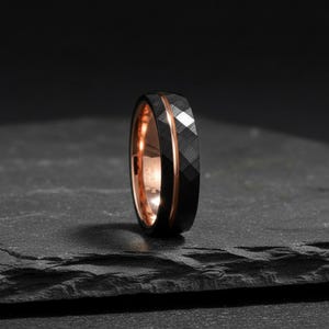 Black Faceted Tungsten Wedding Band with Rose Gold Inlay