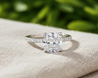 Cushion Cut CZ Engagement Ring, Sterling Silver Wedding Band
