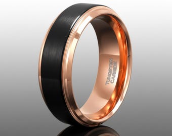 Rose Gold and Black Tungsten Wedding Band Brushed Center