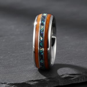 Koa Wood Abalone Shell Tungsten Ring, Handmade Comfort Fit Wedding Band