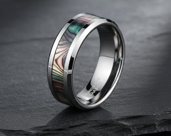 Silver Tungsten Wedding Band, Natural Abalone Shell Inlay
