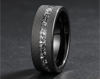 Sandblast Black Tungsten Wedding Band with Crushed Aluminum Inlay