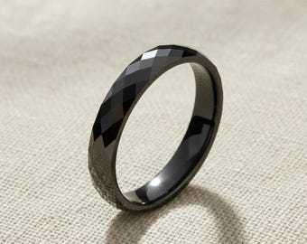 Bague en tungstène noir facetté de 4 mm, alliance pour femme, coupe confortable et polie