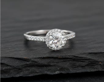 Round Halo CZ Engagement Ring, 925 Sterling Silver Wedding Band