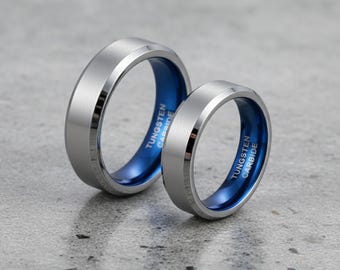 Silver & Blue Brushed Tungsten Carbide Ring — 4mm 6mm 8mm Wedding Band for Men  Women