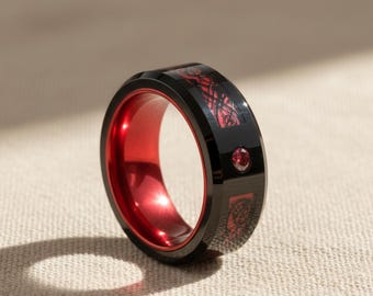 8mm Black & Red Tungsten Eternity Ring with Red Gemstone — Men’s Wedding Band