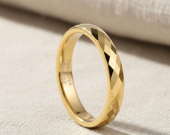 Bague en tungstène en or à facettes de 4 mm, alliance pour femme, coupe confortable et polie