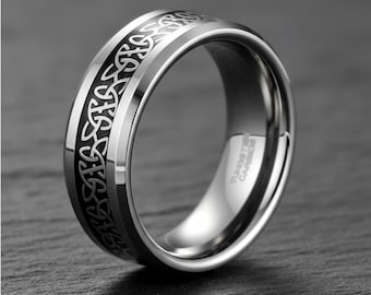 Celtic Knot Tungsten Carbide Ring – Silver Beveled Edge, Carbon Fiber Inlay