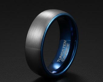4mm/6mm/8mm Brushed Silver & Blue Tungsten Ring, Men’s Wedding Band, Comfort Fit