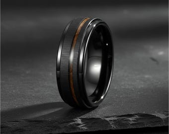 Black Tungsten Wedding Band • Dark Wood Inlay, Comfort Fit