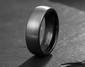 Men's Brushed Black Tungsten Wedding Band, 8mm Domed Comfort Fit Ring