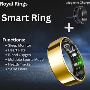 以下が含まれることがあります： 「Smart Ring」と「Royal Rings」と表示された、内部回路を備えた金色のスマートリング。睡眠モニタリング、心拍数追跡、血中酸素測定、複数のスポーツモード、健康追跡、5ATMレベルなどの機能があります。磁気充電器も表示されています。
