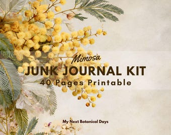 Kit per junk journal a tema mimosa, carta stampabile botanica vintage, 40 pagine, download digitale, carta per scrapbooking, elementi floreali decorativi.