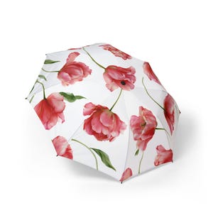 Guarda-chuva dobrável com estampa floral de tulipas em aquarela vermelha – Proteção contra chuva (Presente para ela)