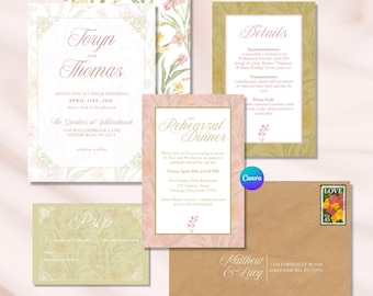 Pink & Green Floral Wedding Invitation Suite: Romantic Garden Party, Elegant, Editable Canva Template, Digital Download