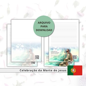 Pode incluir: Um monte de papel branco pautado com uma ilustração em aquarela de um homem sob uma árvore. O texto "ARQUIVO PARA DOWNLOAD" está em um círculo verde. O texto "Celebração da Morte de Jesus" está na parte inferior.