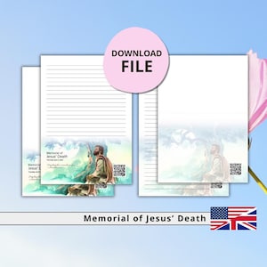 Pode incluir: Conjunto de papelaria com páginas pautadas e em branco, apresentando uma ilustração em aquarela de uma cena bíblica. O texto "Memorial of Jesus' Death" é exibido, juntamente com um código QR e as palavras "Download File."