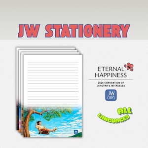 Peut inclure: Ensemble de papeterie avec du papier ligné, présentant une illustration d'une personne sur une balançoire sous un arbre. Le texte "JW STATIONERY" est affiché en haut. Le texte supplémentaire comprend des détails pour la "Convention 2026 des Témoins de Jéhovah" et le site Web "JW .ORG".